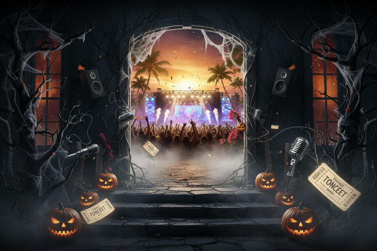 au format 4320 x 2160 je veux une vidéo. On doit rentrer dans une maison qui fait très peur, décorée pour hallooween, à l'intérieur un long couloir sombre. La caméra esquive des projectiles ( Micro, enceinte et billet de concerts ) Au bout du couloir une porte s'ouvrant et laissant place a un concert en pleine zone paradisiaque ou des milliers de gens s'ambiancent. La vidéo se clôture par un zoom sur le logo du site