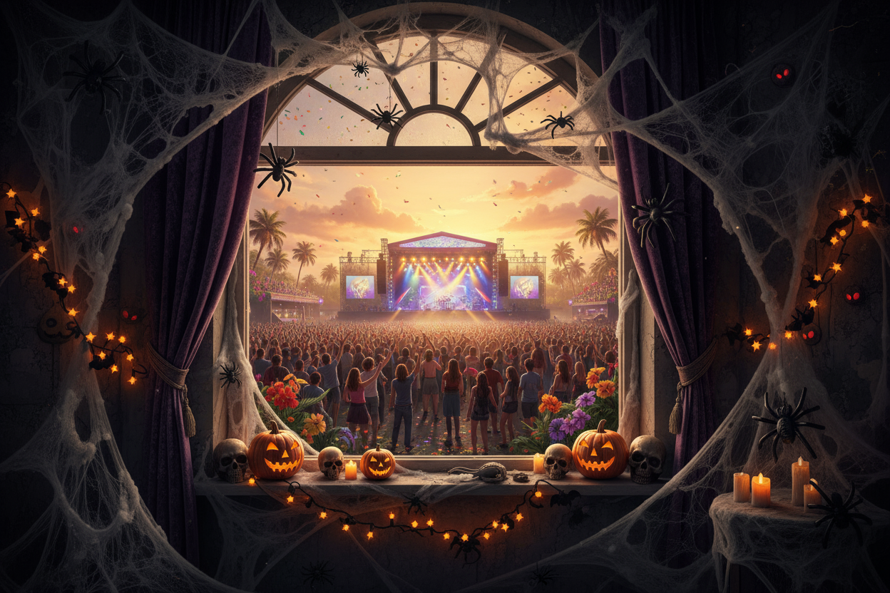 de la fenêtre d'une maison hantée décorée dans le style halloween, on peut apercevoir un concerts dans un espace paradisiaque avec des milliers de personnes s'ambiançant