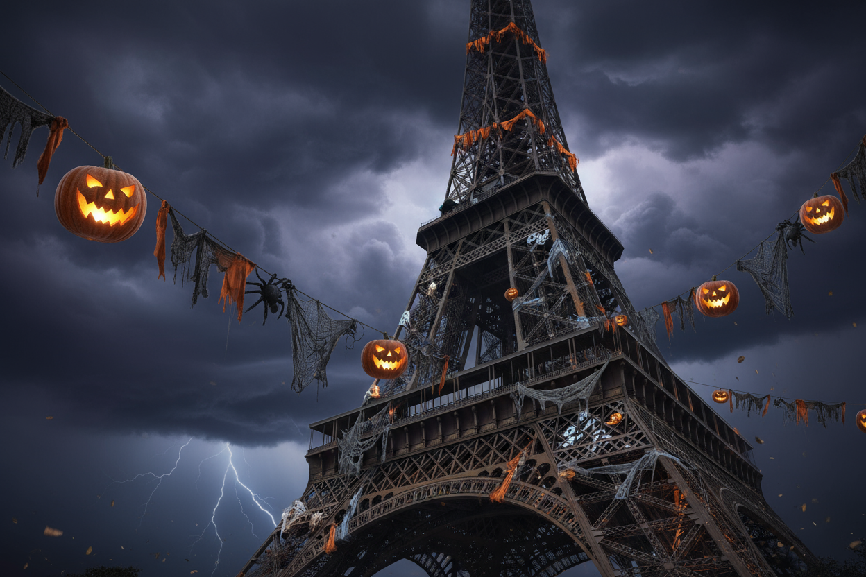 gros plan sur la tour eiffel décoré pour halloween, les décorations sont grossières, le temp est apocalyptique